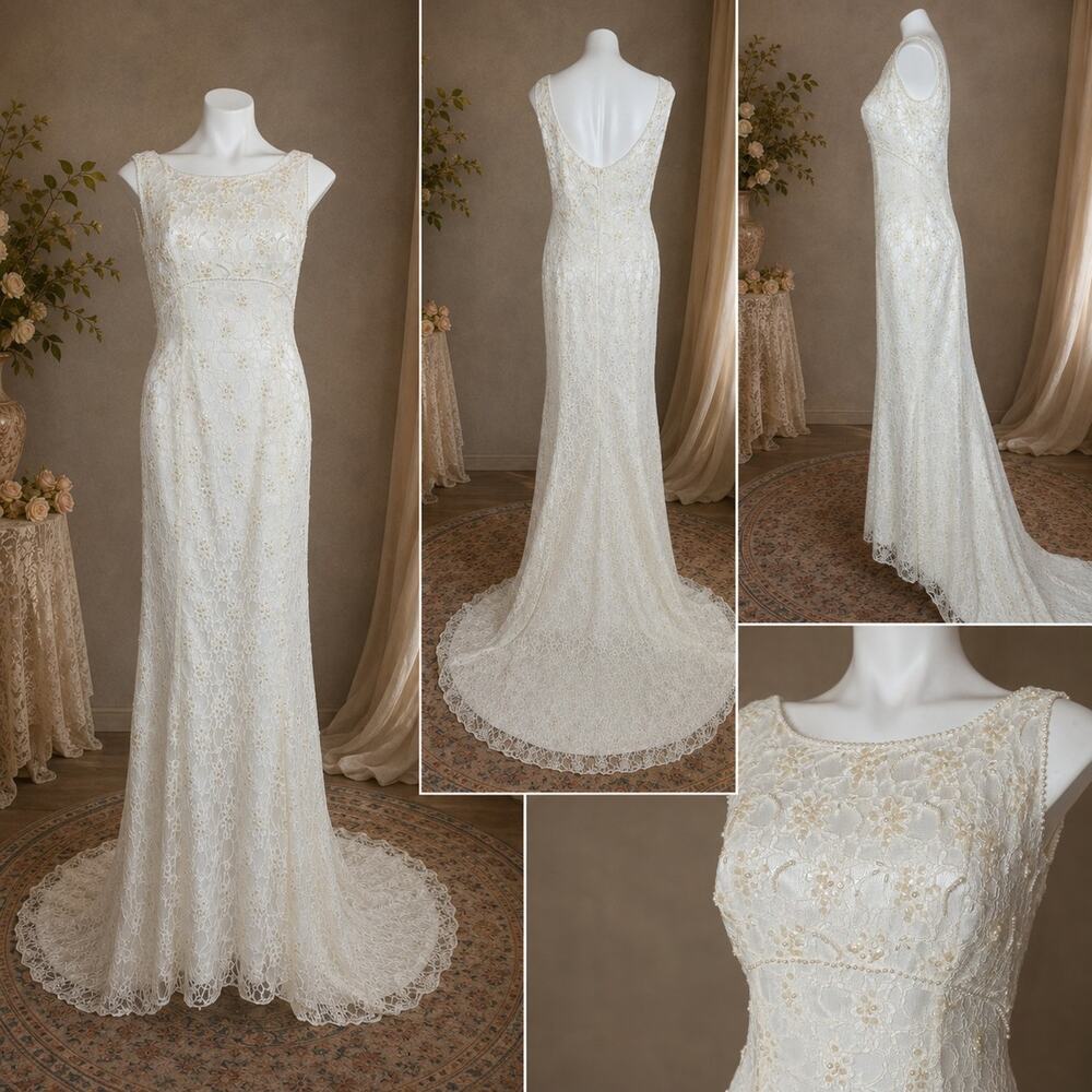 Christian Michelle Beaded Lace Mermaid Wedding Gown Ivory Size 12 Chapel Train